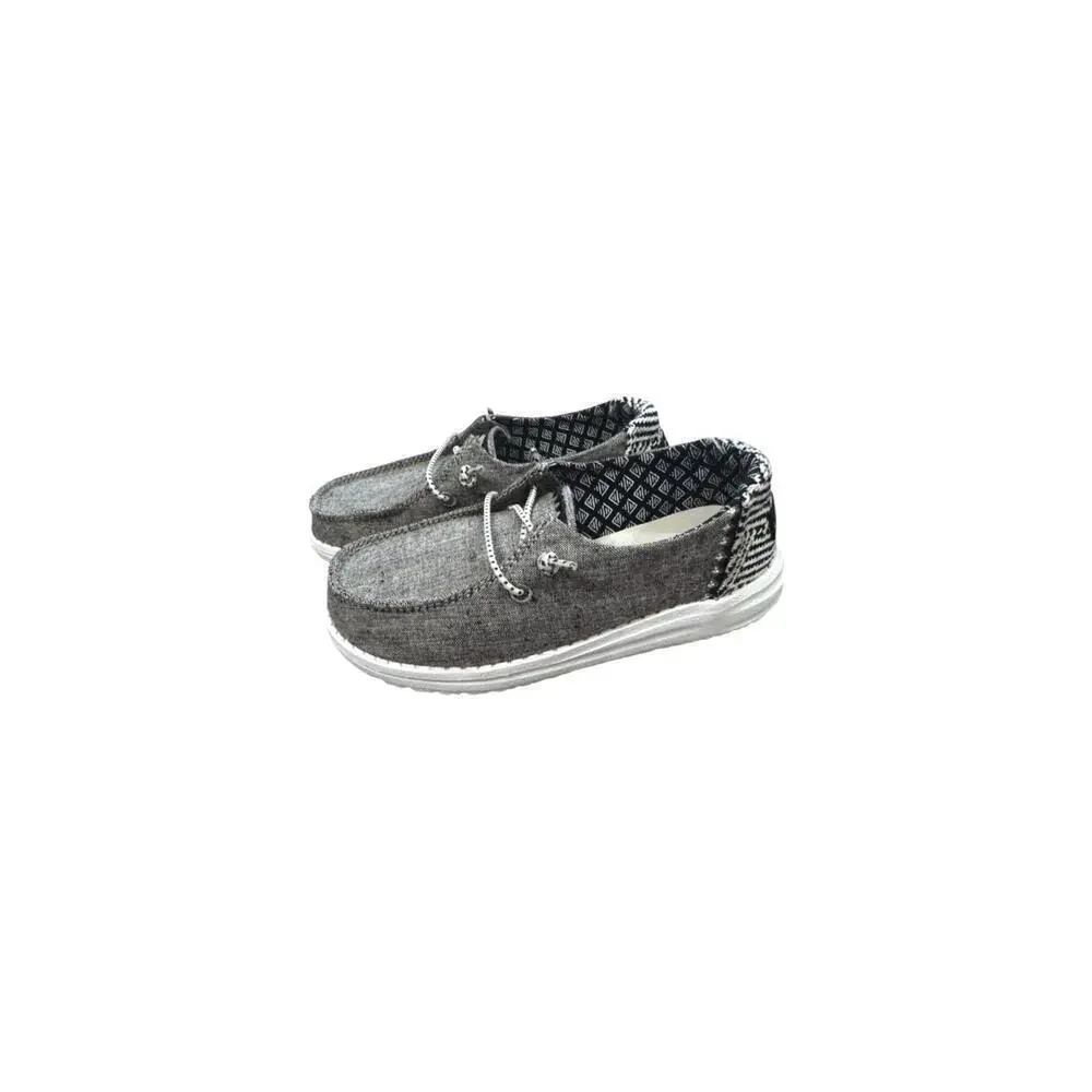 HeyDude Wendy Woven Chambray Onyx Shoe Slip On Grey Black White TD12.